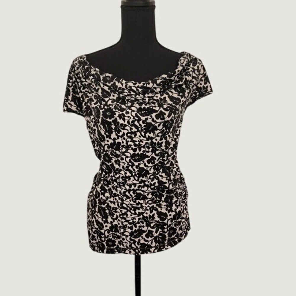 Max Studio Vintage Y2K Asymmetrical Floral Cowl Neck Cap Sleeve Top Medium Black